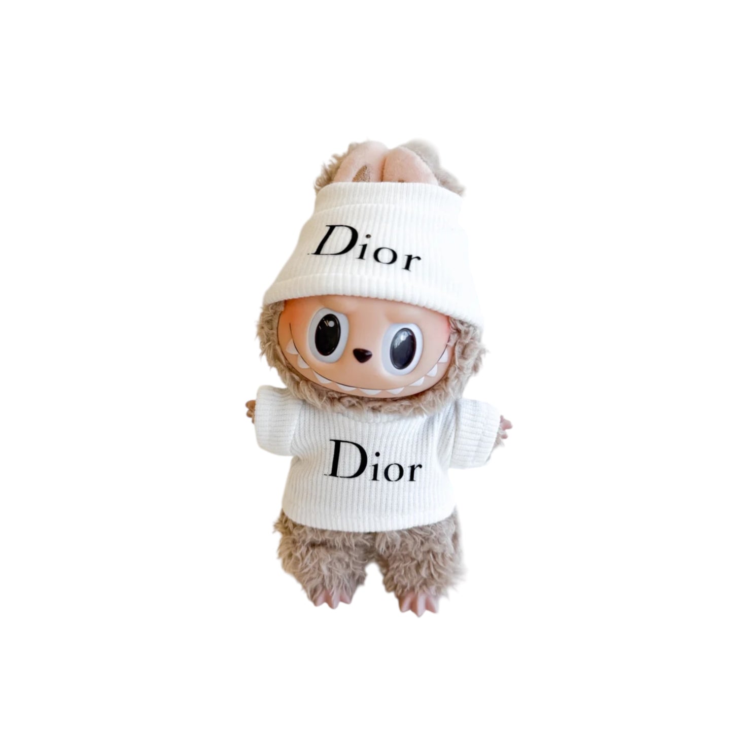DIOR Labubu Winter Designer Set - White Ribbed Sweater & Matching Beanie